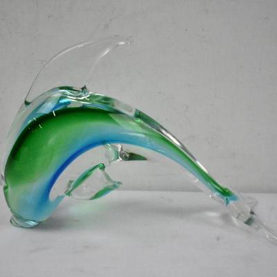 Glass (Crystal?) Dolphin Figurine. Blue & Green. Tiny Chip On Nose . Vintage