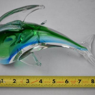Glass (Crystal?) Dolphin Figurine. Blue & Green. Tiny Chip On Nose . Vintage