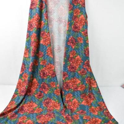 LuLaRoe "Joy" Long Duster Cardigan Vest Medium. Blue w/ Pink/Red Flowers