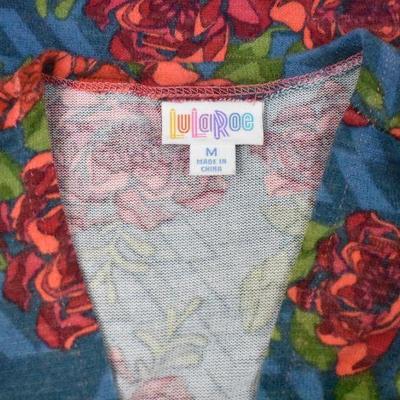LuLaRoe "Joy" Long Duster Cardigan Vest Medium. Blue w/ Pink/Red Flowers