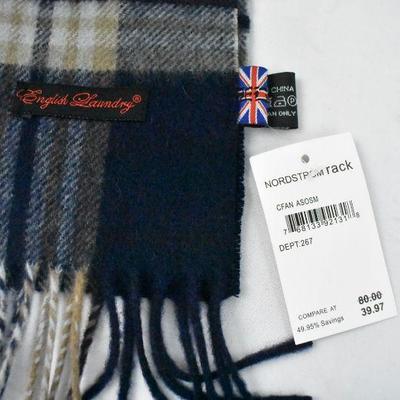 Cashmere & Wool Winter Scarf, Blue/Red/Tan Plaid by English Laundry - New