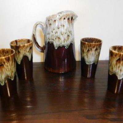 Canonsburg Brown Drip Pottery Pitcher and Tumbler Set Green Edge