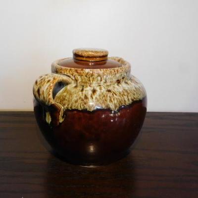Canonsburg Brown Drip Pottery Lidded Bean Pot