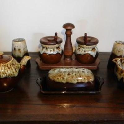 Canonsburg Brown Drip Pottery Serving Set Including Buttern Dish, Salt/Pepper and More