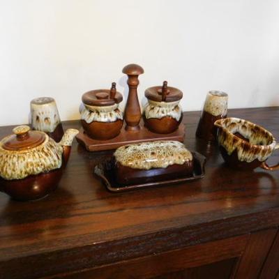 Canonsburg Brown Drip Pottery Serving Set Including Buttern Dish, Salt/Pepper and More
