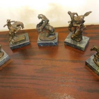 Set of Five Miniture Fredric Reminiton Salesman Sample Bronze Statuettes on Marble Base