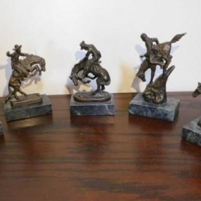 Set of Five Miniture Fredric Reminiton Salesman Sample Bronze Statuettes on Marble Base