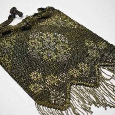 Lot J-14: Antique Microbeaded Fringed Drawstring Bag