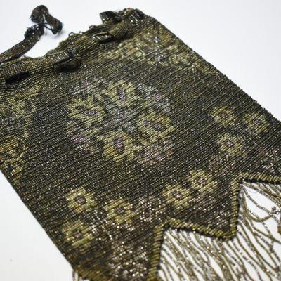 Lot J-14: Antique Microbeaded Fringed Drawstring Bag