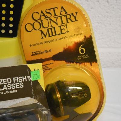 Lot B-131: Vintage Fishing Glasses, Reel, and Bait Box