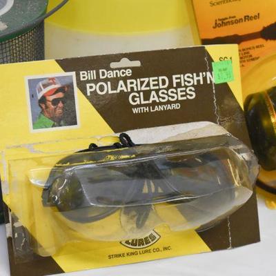 Lot B-131: Vintage Fishing Glasses, Reel, and Bait Box