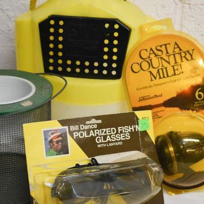 Lot B-131: Vintage Fishing Glasses, Reel, and Bait Box