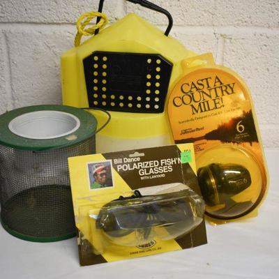 Lot B-131: Vintage Fishing Glasses, Reel, and Bait Box