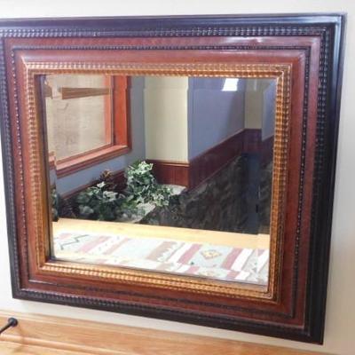Wood and Faux Leather Framed Beveled Glass Mirror 34'x31