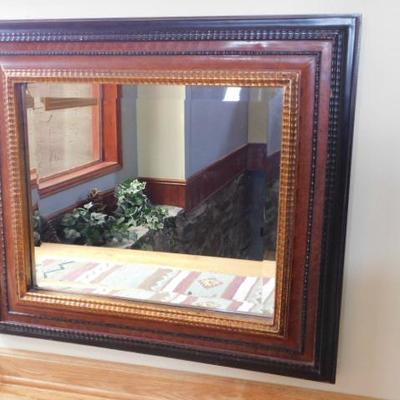 Wood and Faux Leather Framed Beveled Glass Mirror 34'x31
