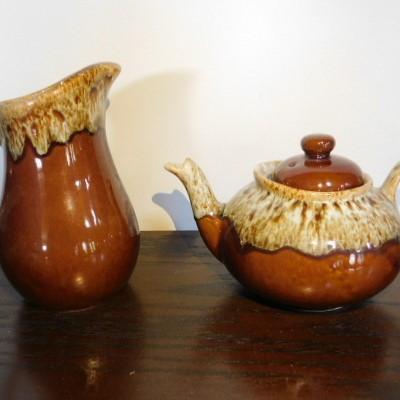 Canonsburg Brown Drip Edge Pottery Traditional Water Pitcher and Tea Kettle