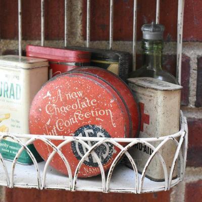 Lot H-4: Vintage Metal Shelves with Vintage Tins