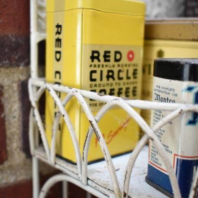 Lot H-4: Vintage Metal Shelves with Vintage Tins