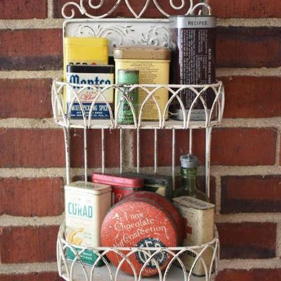 Lot H-4: Vintage Metal Shelves with Vintage Tins