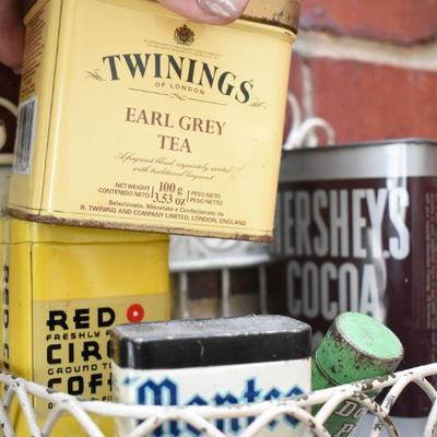 Lot H-4: Vintage Metal Shelves with Vintage Tins