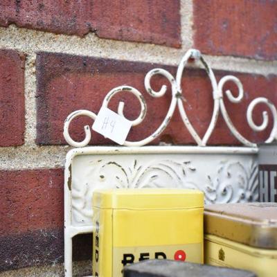Lot H-4: Vintage Metal Shelves with Vintage Tins