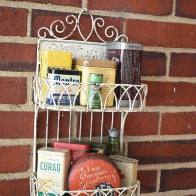 Lot H-4: Vintage Metal Shelves with Vintage Tins
