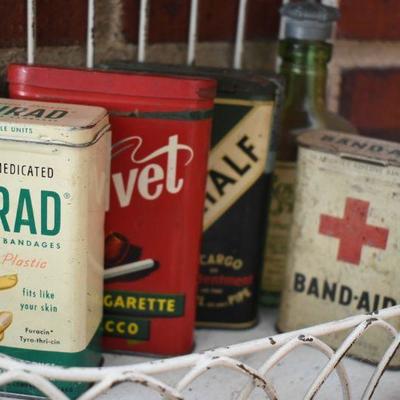 Lot H-4: Vintage Metal Shelves with Vintage Tins
