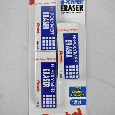 Pentel Hi-Polymer Block Eraser, White, 3 packages, 3-Count each - New