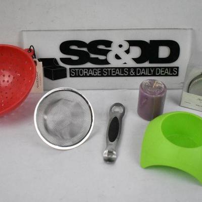 6 pc Misc Kitchen Items: Small Strainers, Sand Drink Holder, & More - New