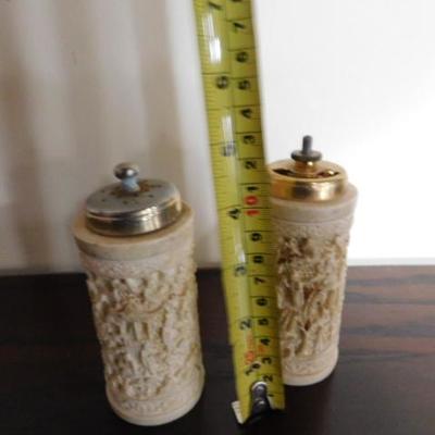 Asian Theme Carved French Ivory or Celluloid and Pepper Shakers 5