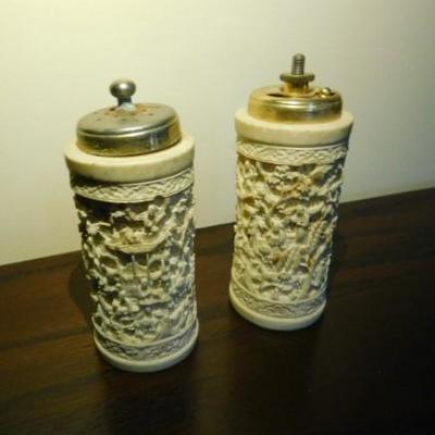 Asian Theme Carved French Ivory or Celluloid and Pepper Shakers 5