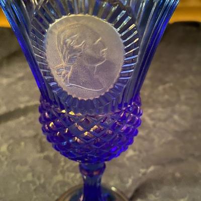 Avon George Washington and Martha blue Fostoria goblet candle holders