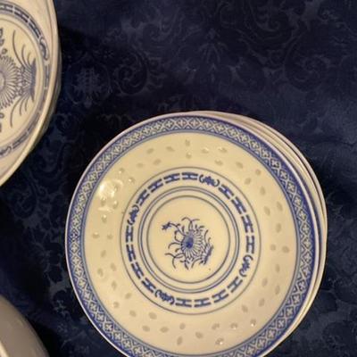 Chinese Dragon Lotus Blue & White Rice Pattern Porcelain Dishes