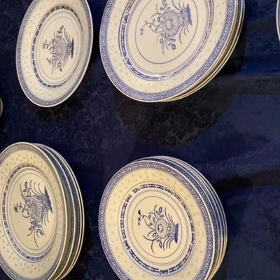 Chinese Dragon Lotus Blue & White Rice Pattern Porcelain Dishes