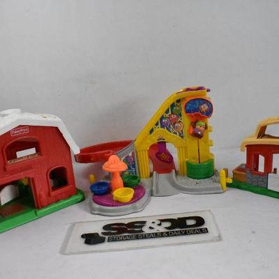 3 Piece Fisher-Price Toys: Large Barn, Small Barn, Rollercoaster - Need Cleaning