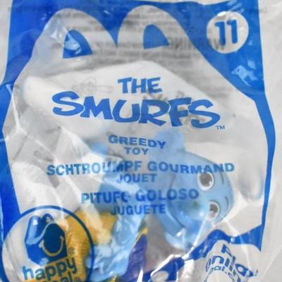 4 Smurfs Happy Meal Toys from 2011 Painter, Chef, Greedy, & Vanity. Sealed - New