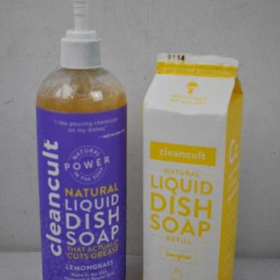 CleanCult Natural Liquid Dish Soap, Lemongrass 16 oz and 16 oz refill - New