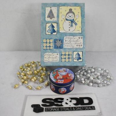 4 pc Holiday Decor: Blue Box, Silver & Gold Beaded Garland, Santa Tin