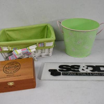 3 Decorative Storage Items: Cigar Box, White/Green Basket, & Green/Pink Bucket