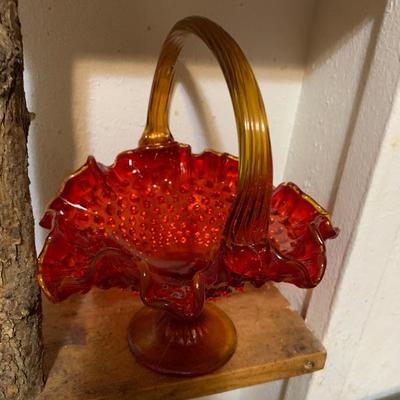 Fenton Hobnail Amberina Glass Basket