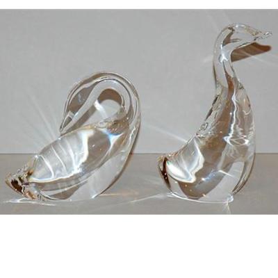 Steuben Glass Goose and Gander Retired pieces #8344 and #8358 Signet Vintage Crystal Art Glass