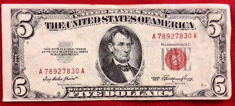 Lot # 158 $5 Red Seal 1953 Five Dollar Bill US Currency ...