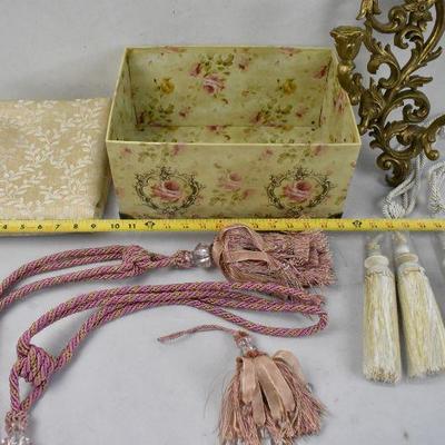 Room Decor: Tassels, Sconce, Decorative Box, and Fabric