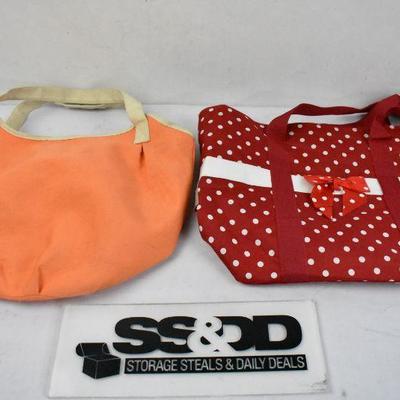 2 Tote Bags: Orange/Tan & Red w/ White Polka Dots