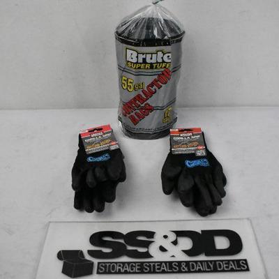 Brute Super Tuff Contractor Bags 55 Gallon & 2 Pairs of Gorilla Grip Gloves- New