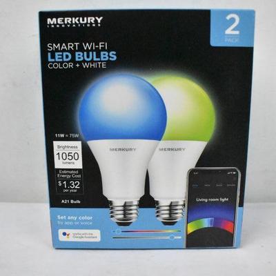 Merkury Innovations A21 Smart Light Bulb, 75W Color LED, 2-Pack - New, Open Box