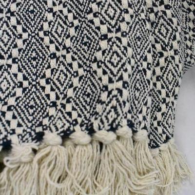 Rustic Farmhouse Cotton Navy Diamond Patterned Blanket Throw with Fringe - New