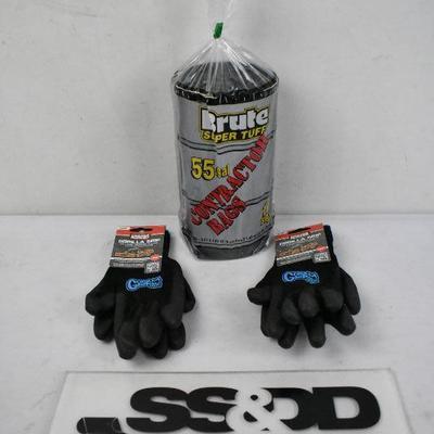 Brute Super Tuff Bags, 55 Gallon & 2 Pairs of Gorilla Grip Gloves, Large - New