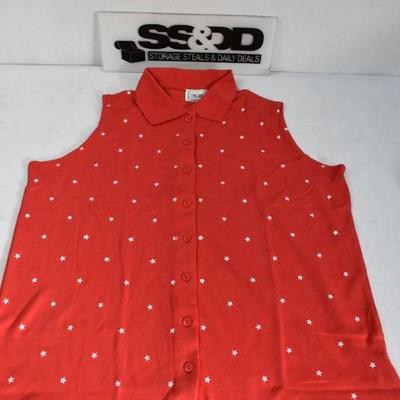 Women's Sleeveless Button Front Shirt. Red w/ White Stars, size Large - New