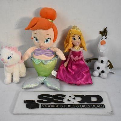 4 Piece Disney Stuffed Animal Toys: Kitty Marie, Ariel, Aurora, and Olaf